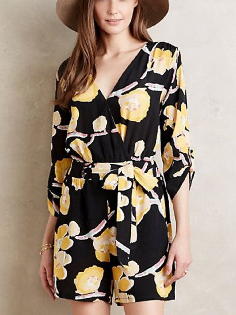 Elevenses Tropica Black Yellow Floral Surplice Tie Waist Romper | XS
